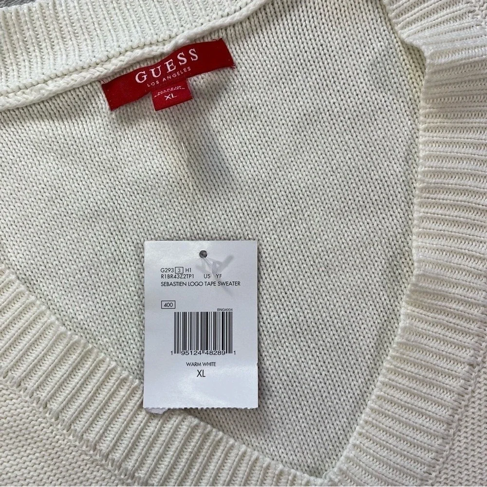 Guess NEW Sweater  XL White New V-Neck Knit Athleisur Streetwear Oversized Fall